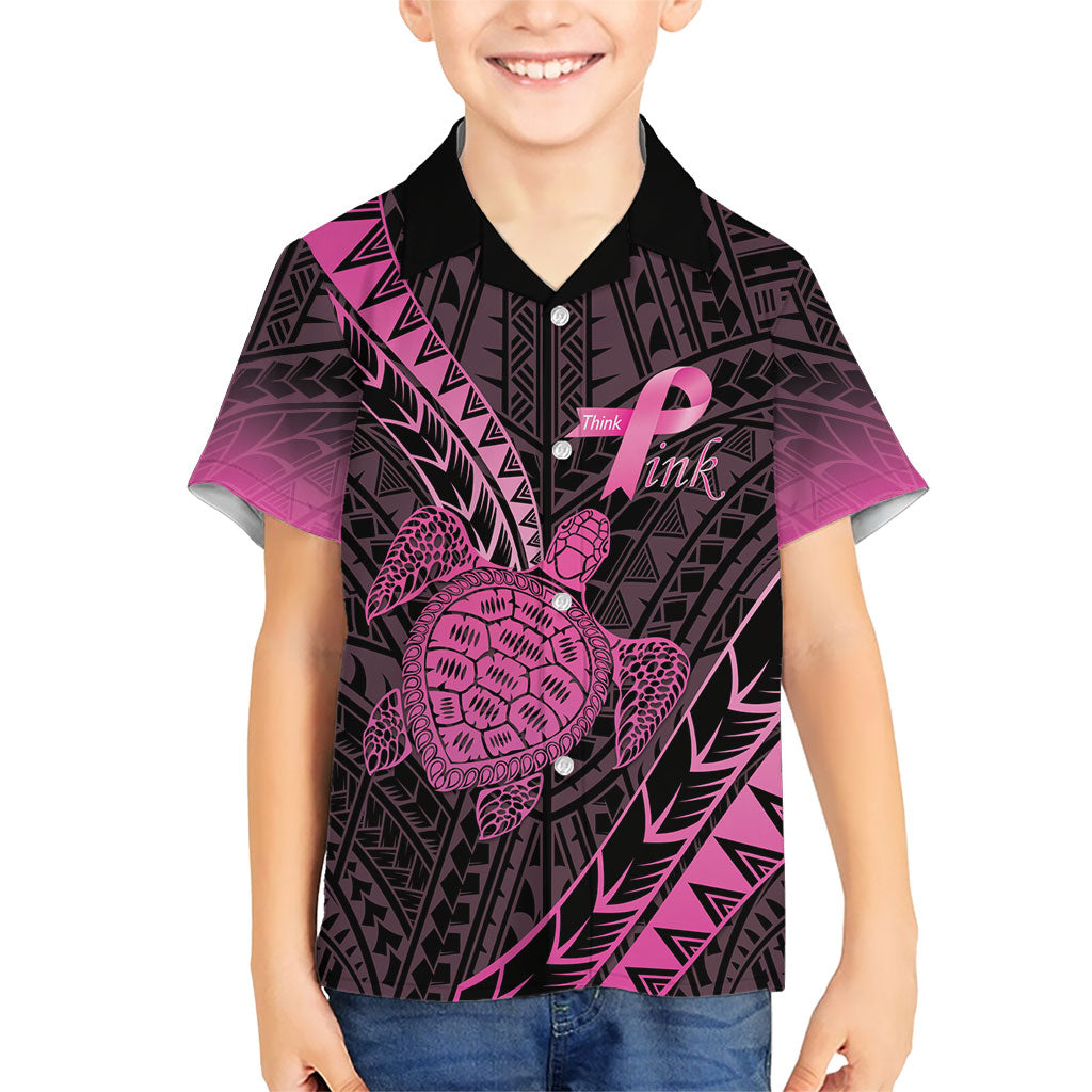Breast Cancer Awareness Personalised Kid Hawaiian Shirt Pink Ribbon Turtle Polynesian Pattern Black