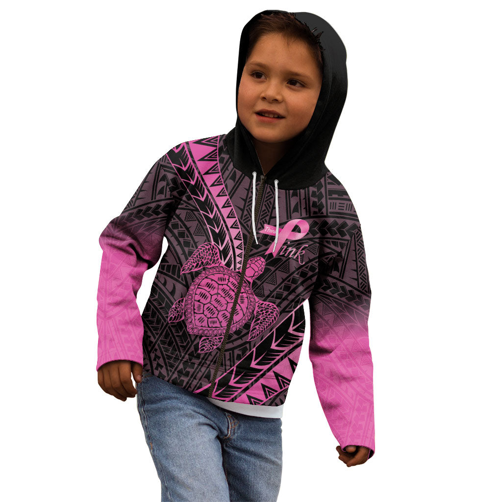 Breast Cancer Awareness Personalised Kid Hoodie Pink Ribbon Turtle Polynesian Pattern Black
