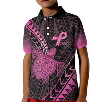 Breast Cancer Awareness Personalised Kid Polo Shirt Pink Ribbon Turtle Polynesian Pattern Black