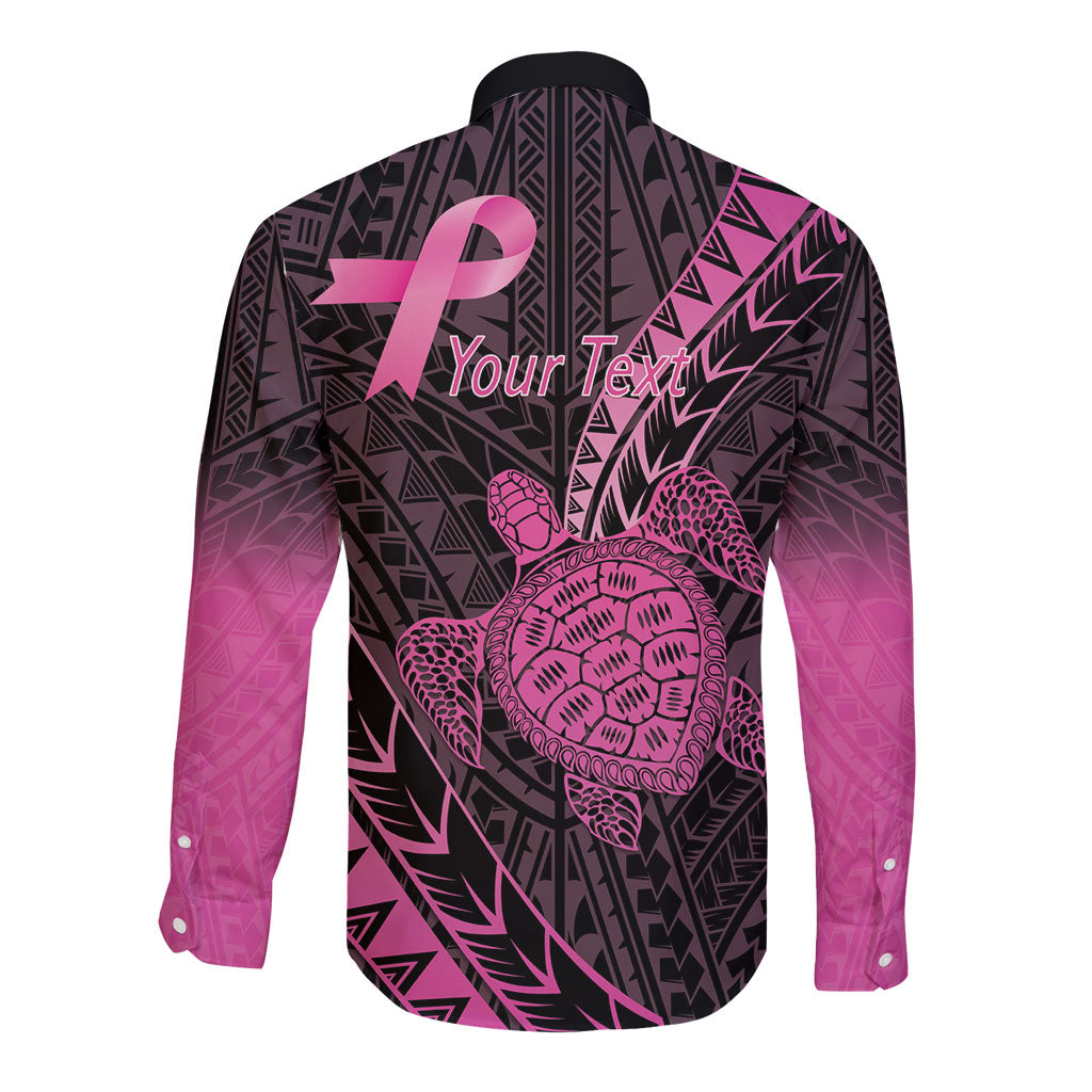 Breast Cancer Awareness Personalised Long Sleeve Button Shirt Pink Ribbon Turtle Polynesian Pattern Black