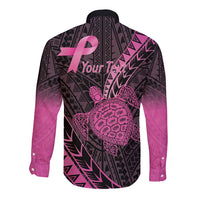 Breast Cancer Awareness Personalised Long Sleeve Button Shirt Pink Ribbon Turtle Polynesian Pattern Black