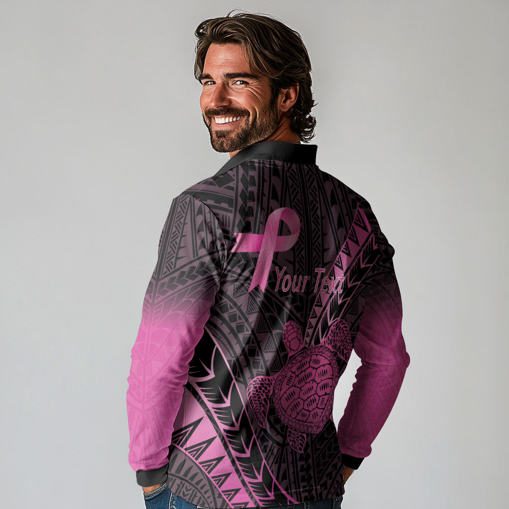 Breast Cancer Awareness Personalised Long Sleeve Polo Shirt Pink Ribbon Turtle Polynesian Pattern Black