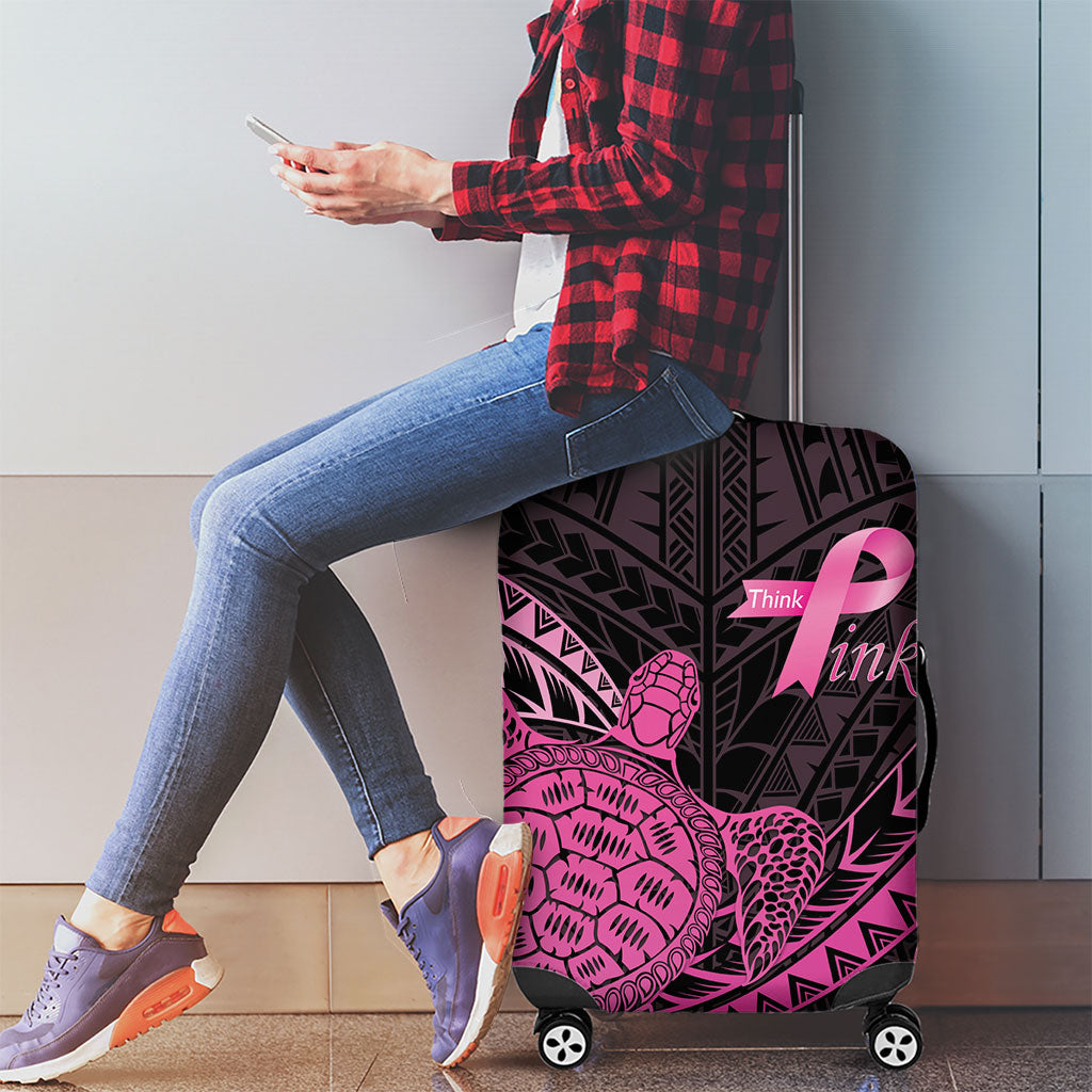Breast Cancer Awareness Luggage Cover Pink Ribbon Turtle Polynesian Pattern Black