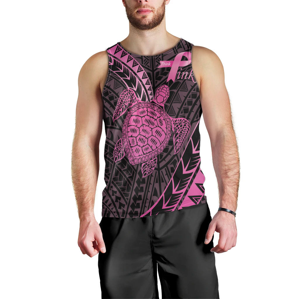 Breast Cancer Awareness Personalised Men Tank Top Pink Ribbon Turtle Polynesian Pattern Black