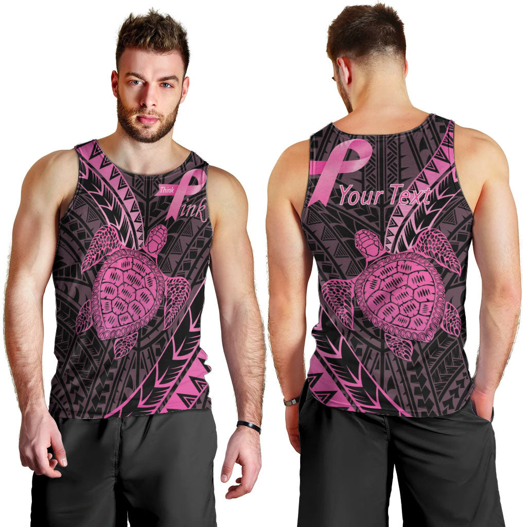 Breast Cancer Awareness Personalised Men Tank Top Pink Ribbon Turtle Polynesian Pattern Black