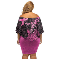 Breast Cancer Awareness Personalised Off Shoulder Short Dress Pink Ribbon Turtle Polynesian Pattern Black