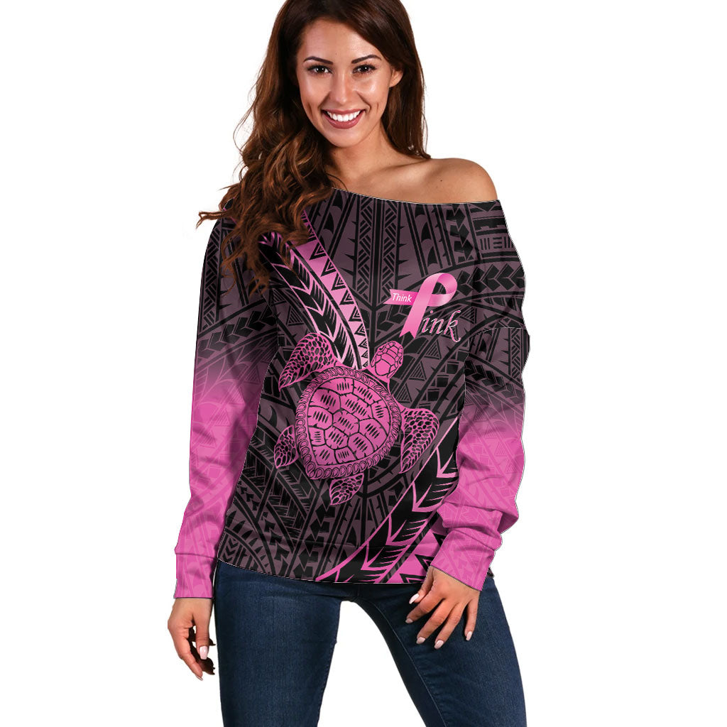 Breast Cancer Awareness Personalised Off Shoulder Sweater Pink Ribbon Turtle Polynesian Pattern Black