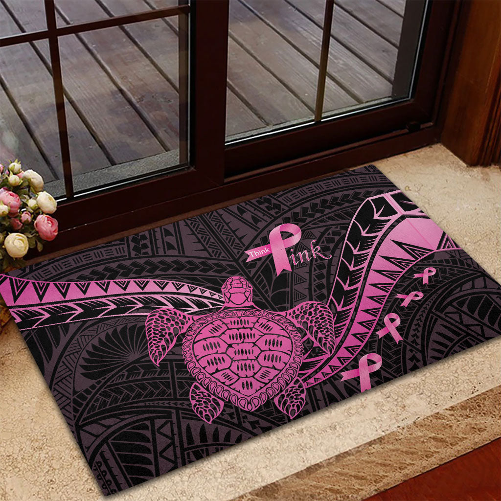 Breast Cancer Awareness Rubber Doormat Pink Ribbon Turtle Polynesian Pattern Black