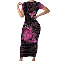 Breast Cancer Awareness Personalised Short Sleeve Bodycon Dress Pink Ribbon Turtle Polynesian Pattern Black