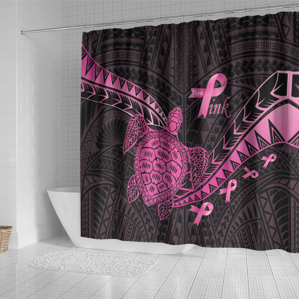 Breast Cancer Awareness Shower Curtain Pink Ribbon Turtle Polynesian Pattern Black