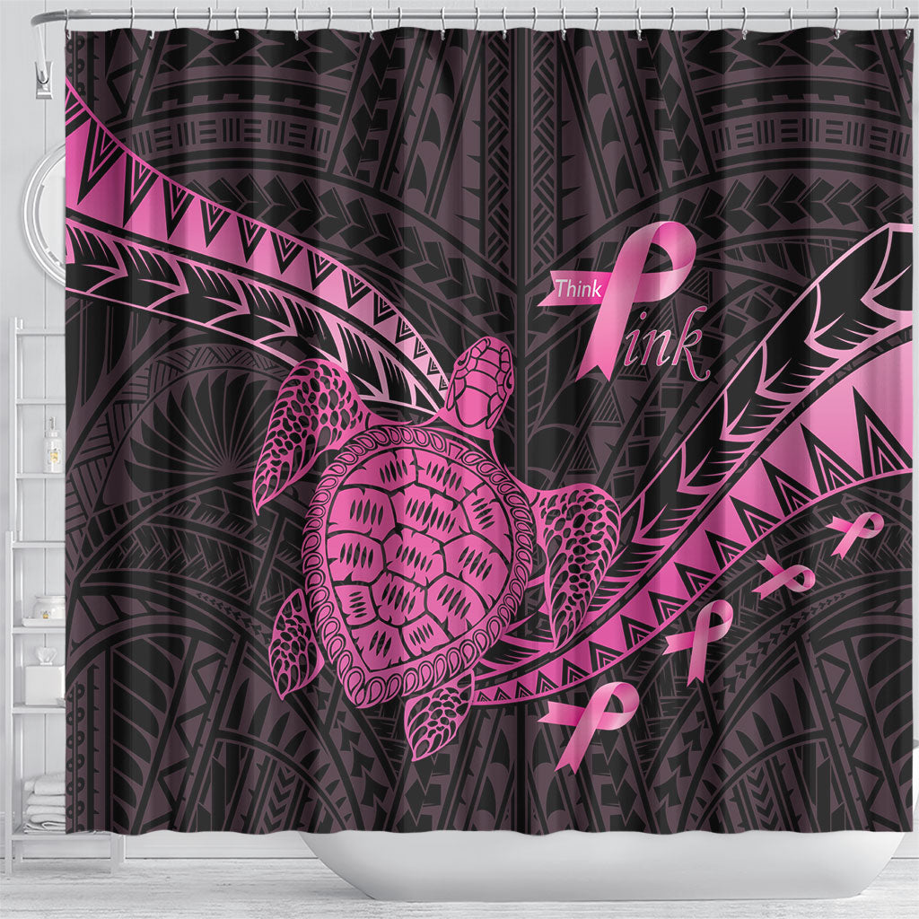 Breast Cancer Awareness Shower Curtain Pink Ribbon Turtle Polynesian Pattern Black