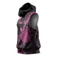 Breast Cancer Awareness Personalised Sleeveless Hoodie Pink Ribbon Turtle Polynesian Pattern Black