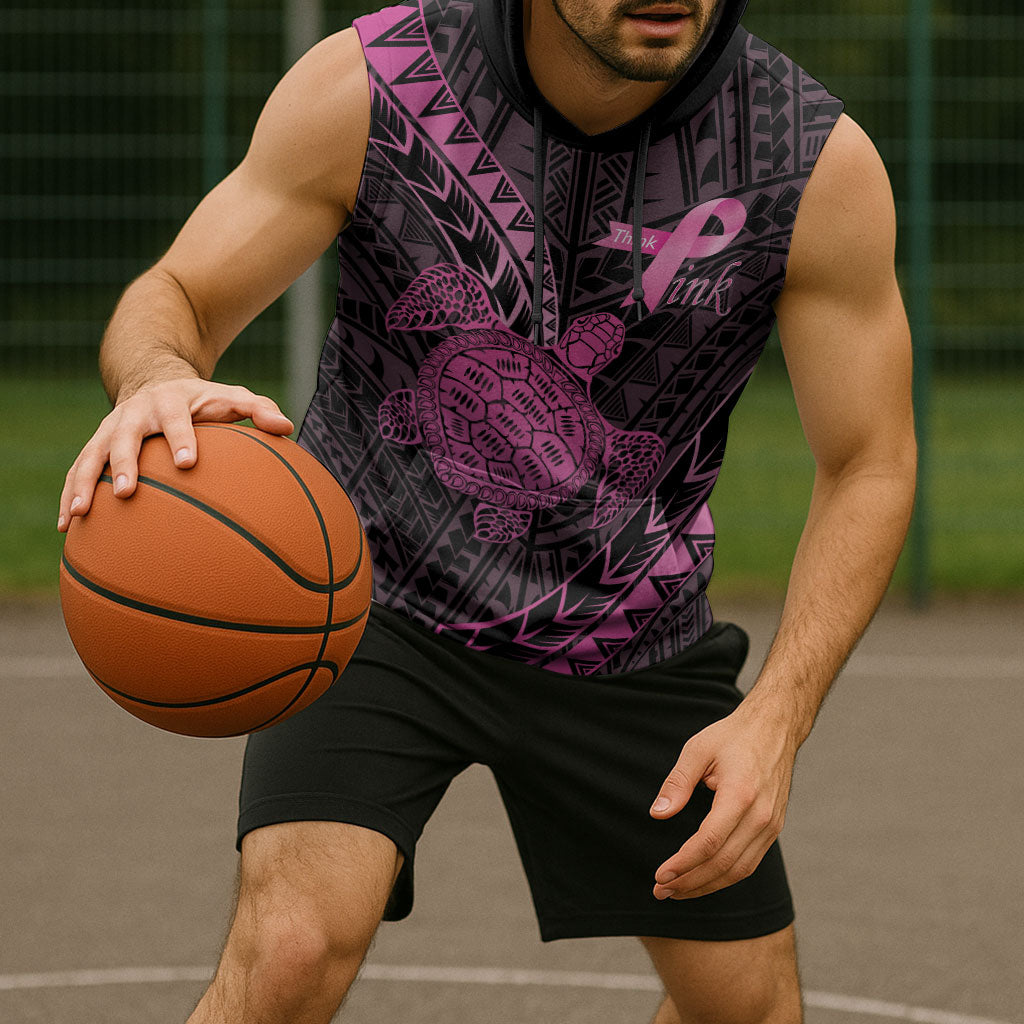 Breast Cancer Awareness Personalised Sleeveless Hoodie Pink Ribbon Turtle Polynesian Pattern Black
