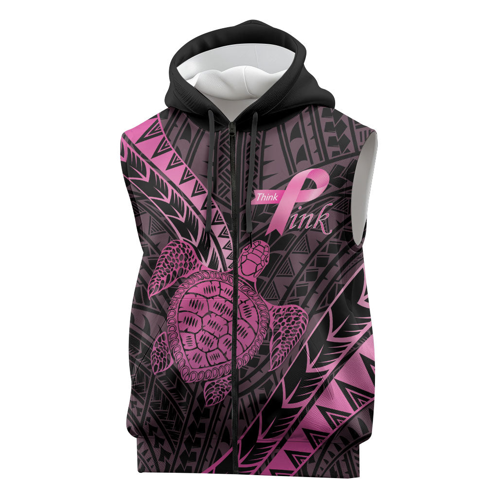 Breast Cancer Awareness Personalised Sleeveless Zip Hoodie Pink Ribbon Turtle Polynesian Pattern Black