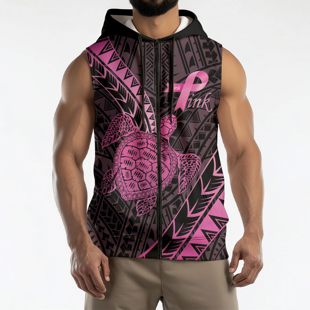 Breast Cancer Awareness Personalised Sleeveless Zip Hoodie Pink Ribbon Turtle Polynesian Pattern Black
