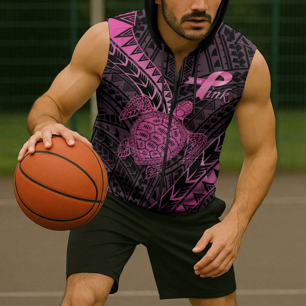 Breast Cancer Awareness Personalised Sleeveless Zip Hoodie Pink Ribbon Turtle Polynesian Pattern Black