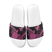 Breast Cancer Awareness Slide Sandals Pink Ribbon Turtle Polynesian Pattern Black