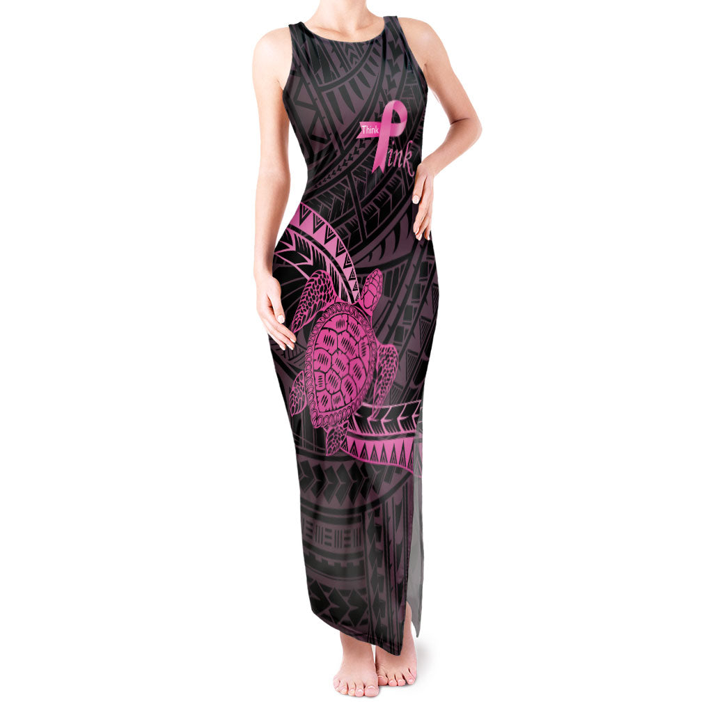 Breast Cancer Awareness Personalised Tank Maxi Dress Pink Ribbon Turtle Polynesian Pattern Black