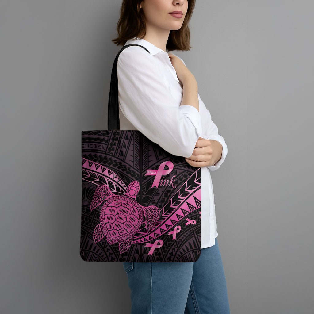 Breast Cancer Awareness Tote Bag Pink Ribbon Turtle Polynesian Pattern Black