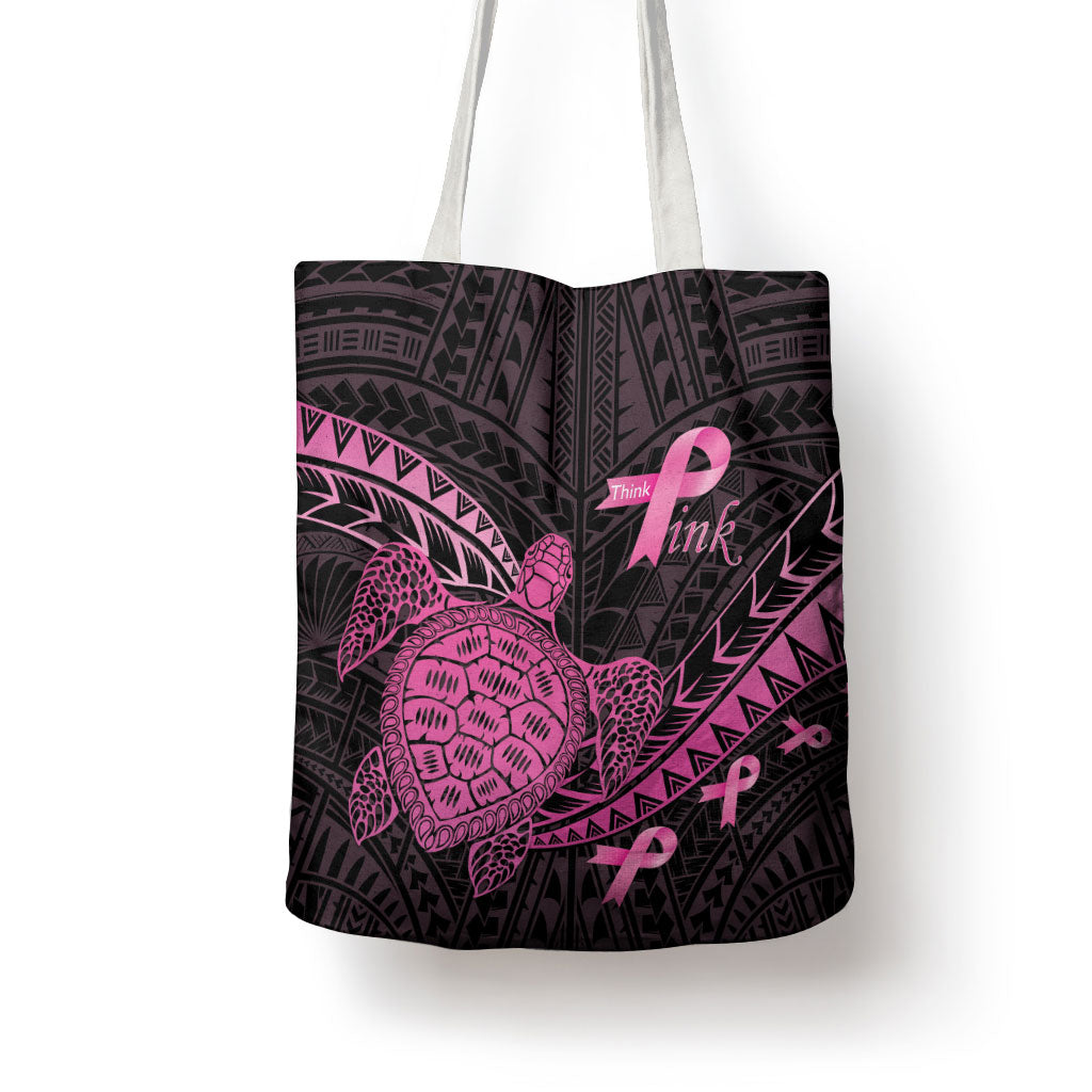 Breast Cancer Awareness Tote Bag Pink Ribbon Turtle Polynesian Pattern Black