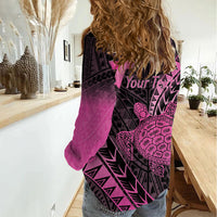 Breast Cancer Awareness Personalised Women Casual Shirt Pink Ribbon Turtle Polynesian Pattern Black