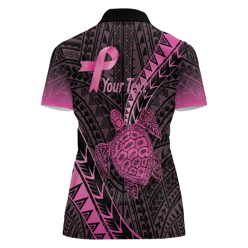 Breast Cancer Awareness Personalised Women Polo Shirt Pink Ribbon Turtle Polynesian Pattern Black
