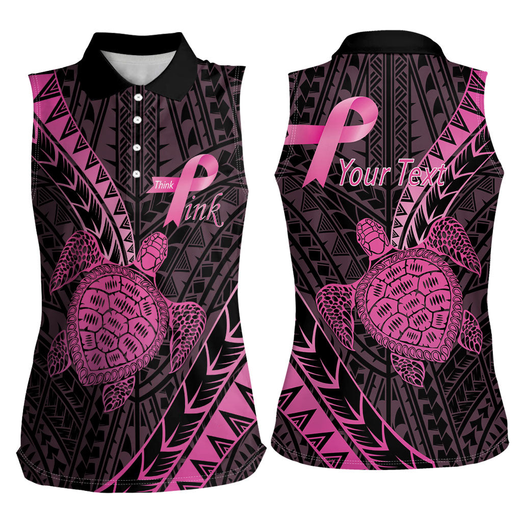 Breast Cancer Awareness Personalised Women Sleeveless Polo Shirt Pink Ribbon Turtle Polynesian Pattern Black