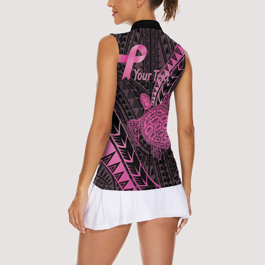 Breast Cancer Awareness Personalised Women Sleeveless Polo Shirt Pink Ribbon Turtle Polynesian Pattern Black