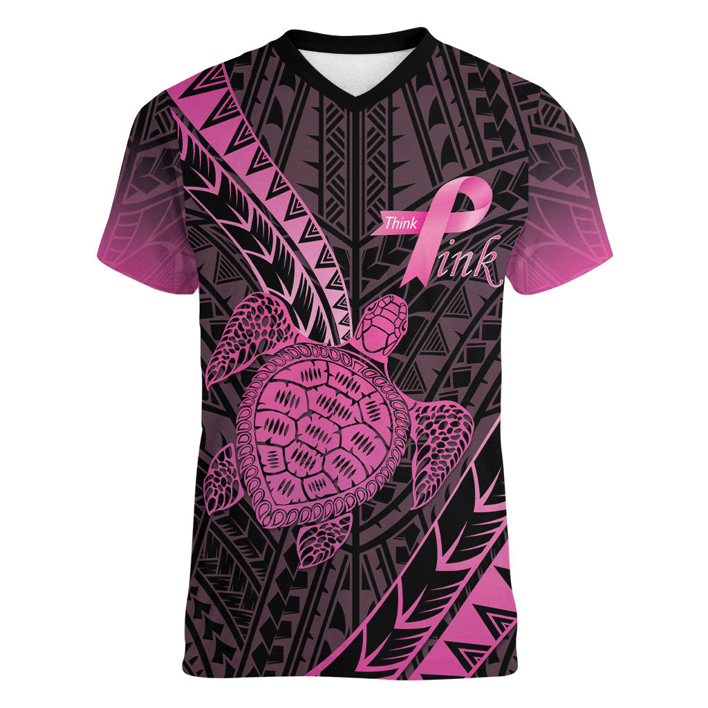 Breast Cancer Awareness Personalised Women V-Neck T-Shirt Pink Ribbon Turtle Polynesian Pattern Black