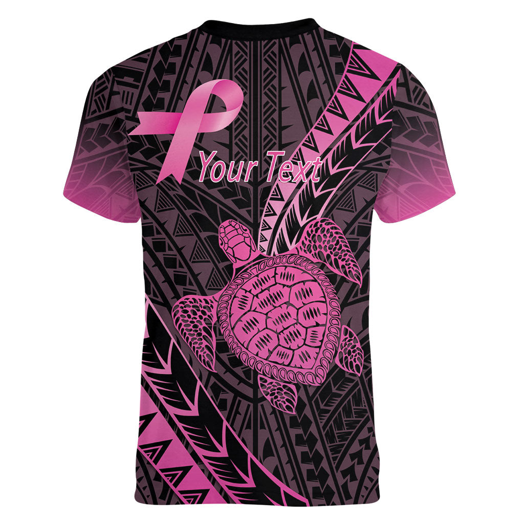 Breast Cancer Awareness Personalised Women V-Neck T-Shirt Pink Ribbon Turtle Polynesian Pattern Black