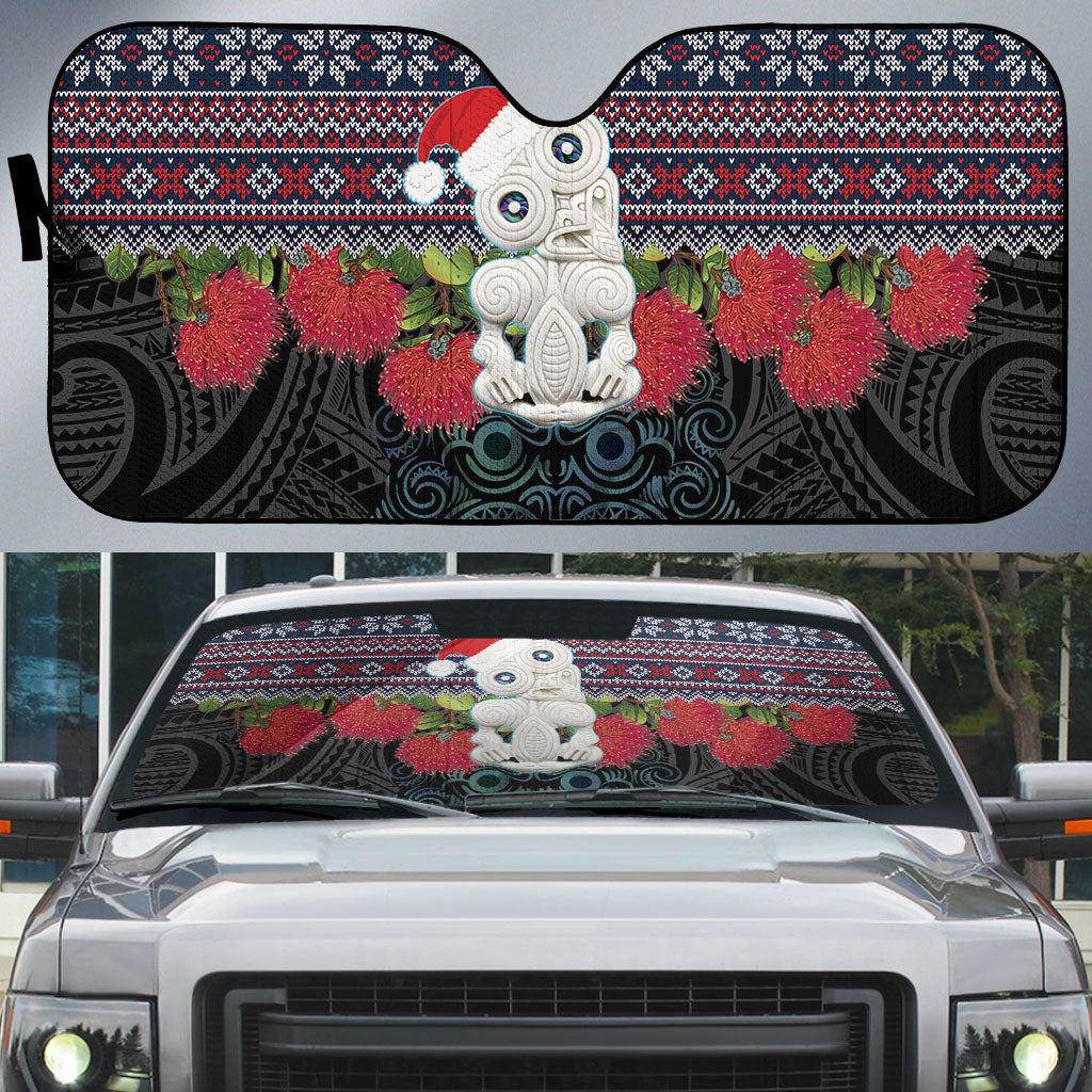 New Zealand Hei Tiki Christmas In July Auto Sun Shade Pohutukawa Santa Xmas Polynesian Pattern LT22 Black - Polynesian Pride
