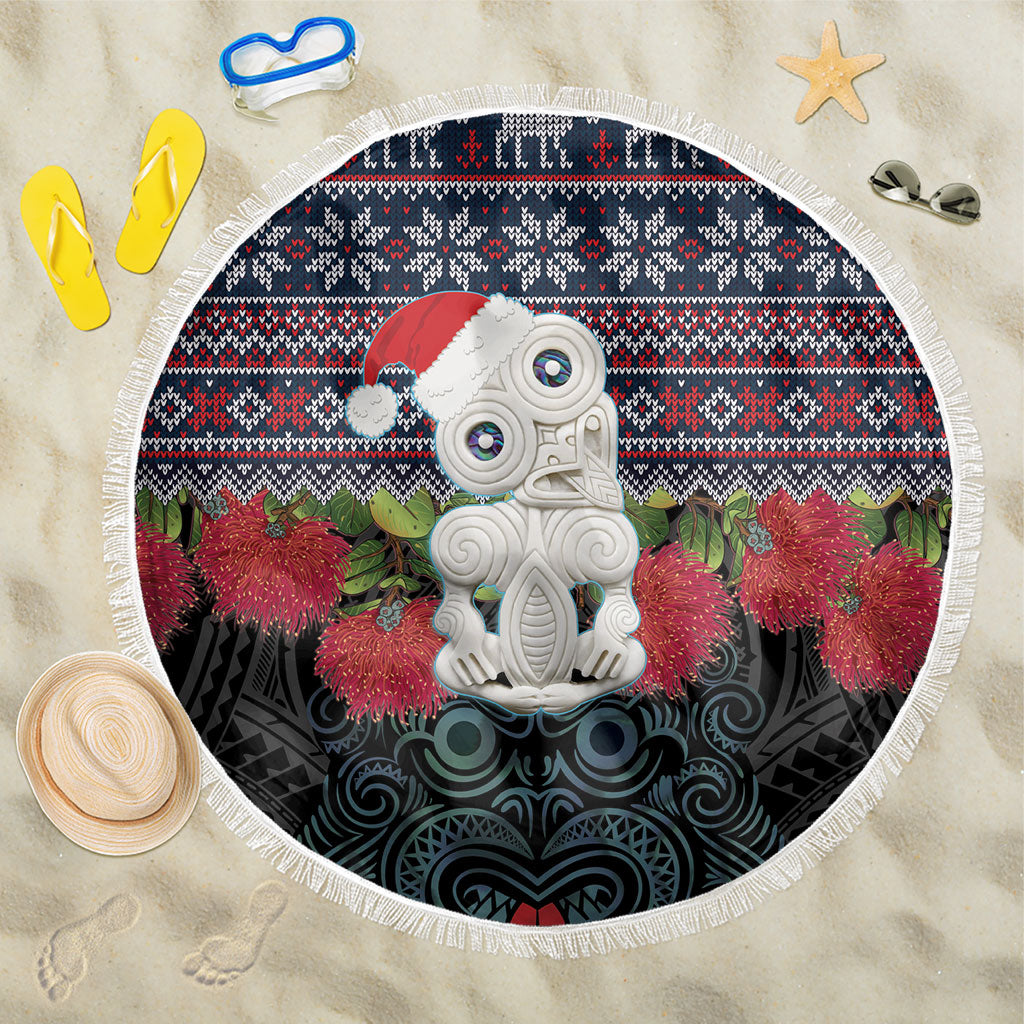 New Zealand Hei Tiki Christmas In July Beach Blanket Pohutukawa Santa Xmas Polynesian Pattern LT22 One Size 150cm Black - Polynesian Pride