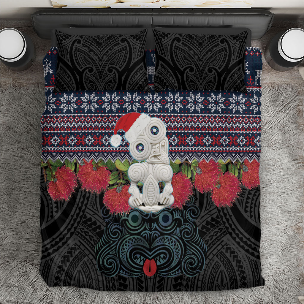 New Zealand Hei Tiki Christmas In July Bedding Set Pohutukawa Santa Xmas Polynesian Pattern LT22 Black - Polynesian Pride