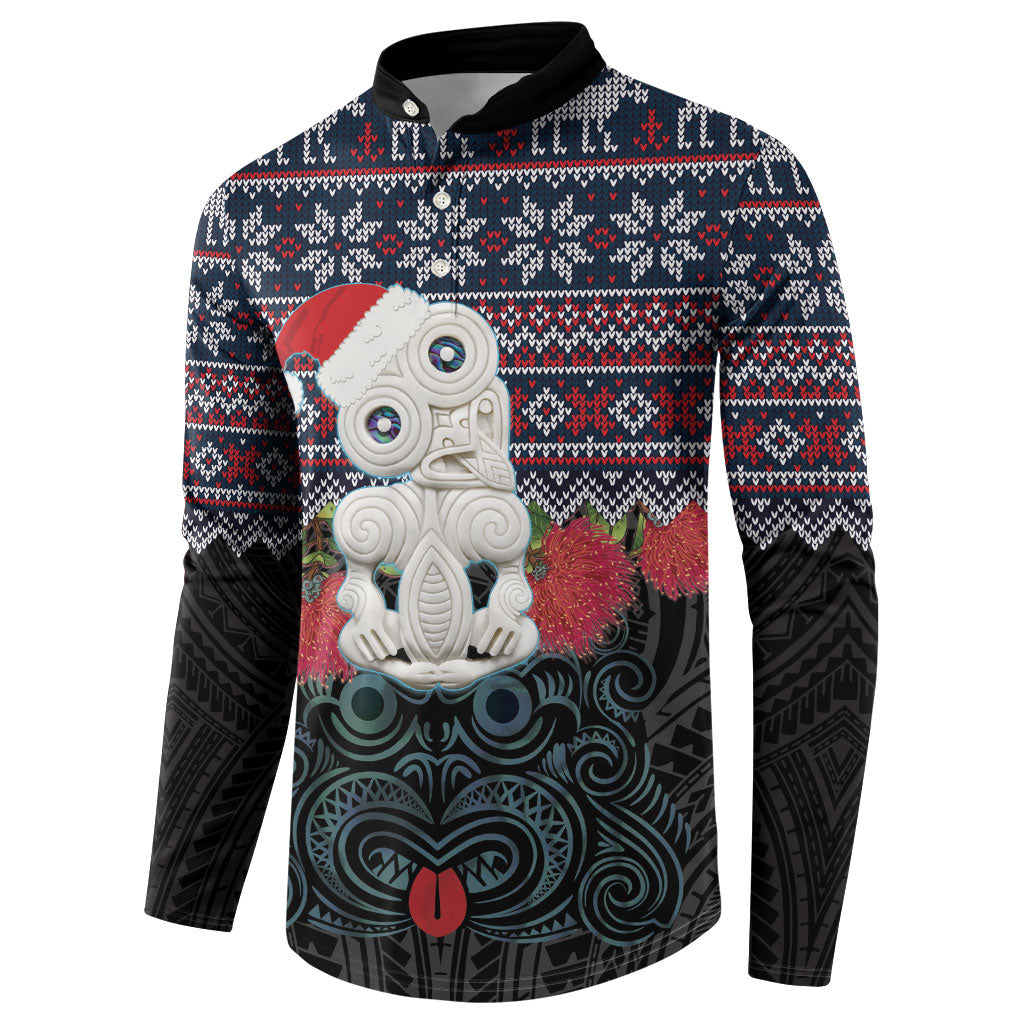 New Zealand Hei Tiki Christmas In July Button Sweatshirt Pohutukawa Santa Xmas Polynesian Pattern