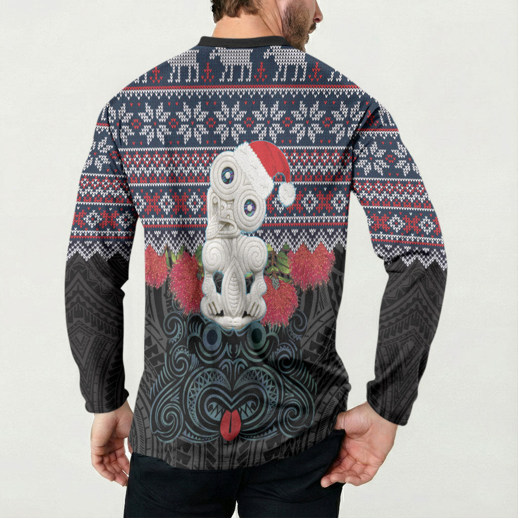 New Zealand Hei Tiki Christmas In July Button Sweatshirt Pohutukawa Santa Xmas Polynesian Pattern