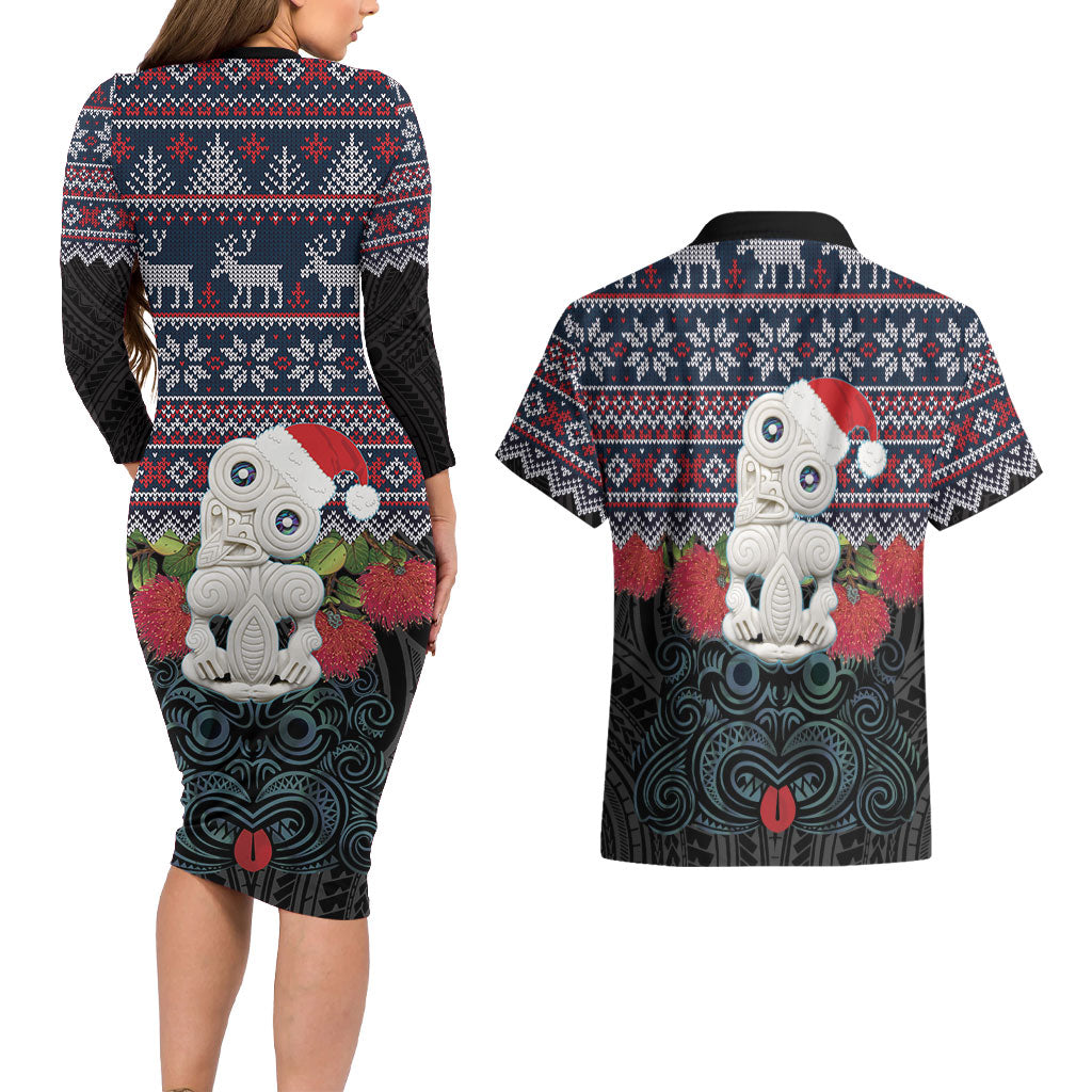 New Zealand Hei Tiki Christmas In July Couples Matching Long Sleeve Bodycon Dress and Hawaiian Shirt Pohutukawa Santa Xmas Polynesian Pattern