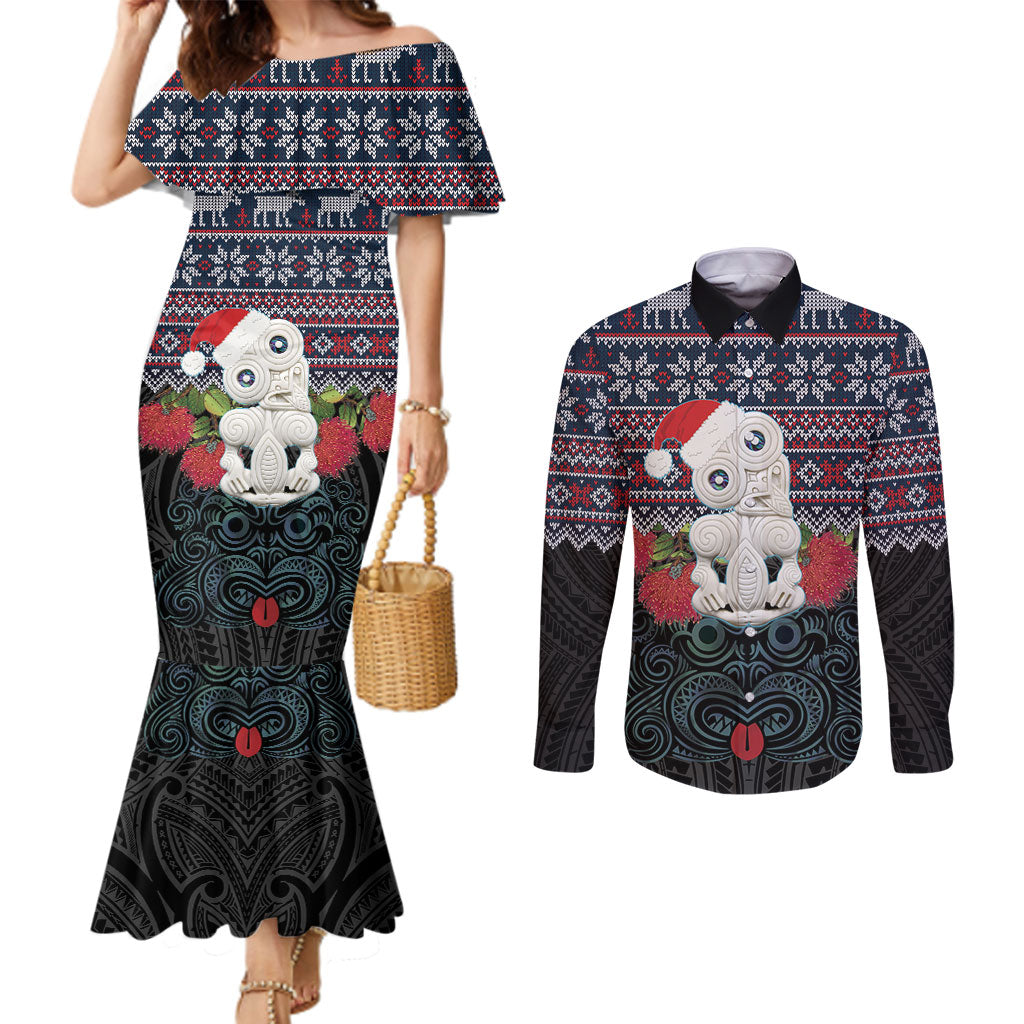New Zealand Hei Tiki Christmas In July Couples Matching Mermaid Dress and Long Sleeve Button Shirt Pohutukawa Santa Xmas Polynesian Pattern LT22 Black - Polynesian Pride
