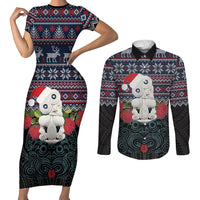 New Zealand Hei Tiki Christmas In July Couples Matching Short Sleeve Bodycon Dress and Long Sleeve Button Shirt Pohutukawa Santa Xmas Polynesian Pattern