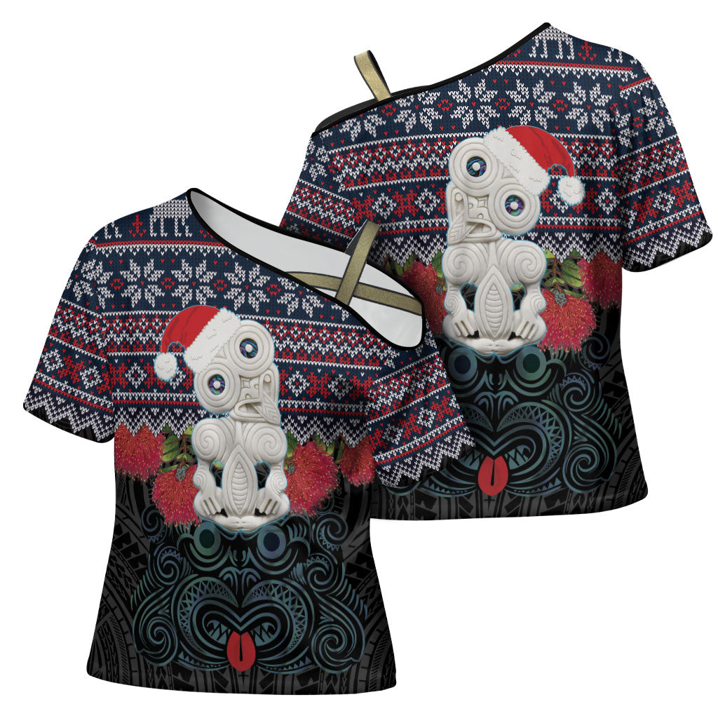 New Zealand Hei Tiki Christmas In July Cross Shoulder Shirt Pohutukawa Santa Xmas Polynesian Pattern