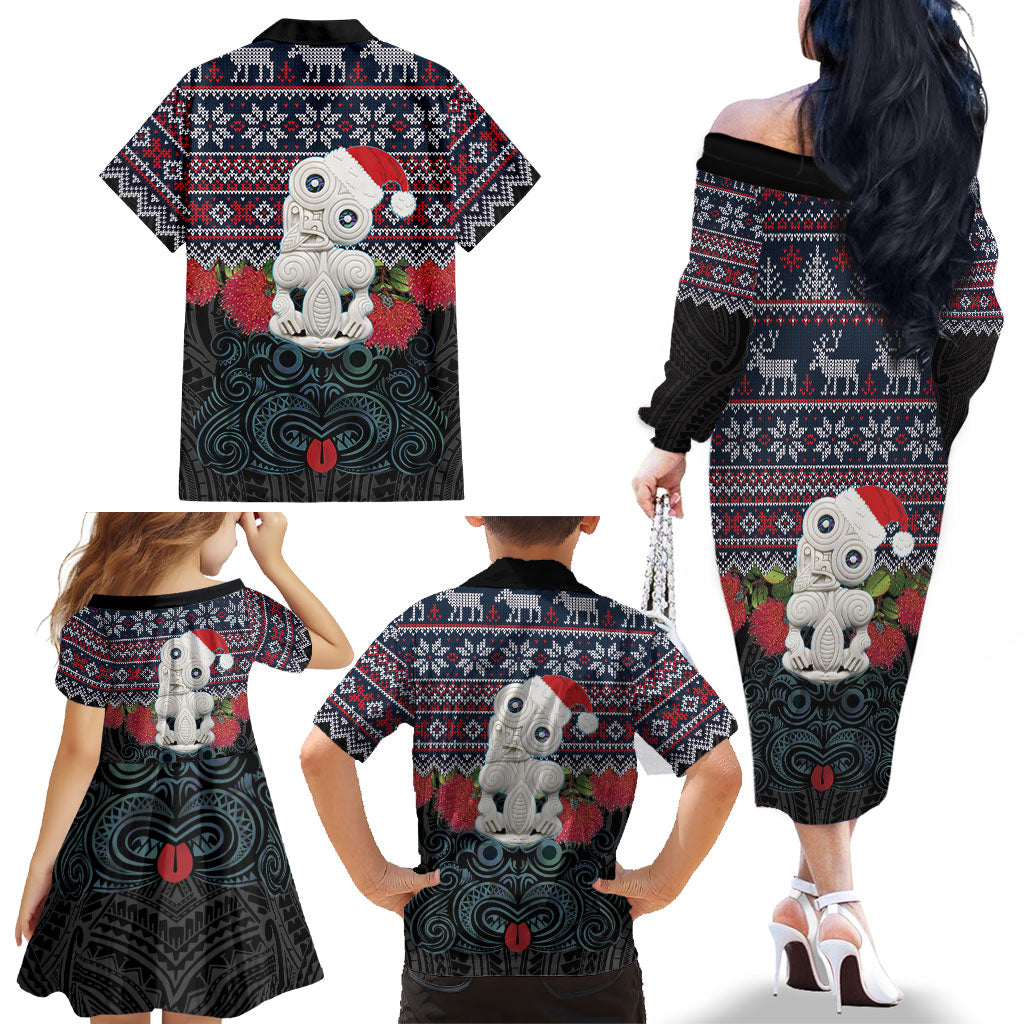 New Zealand Hei Tiki Christmas In July Family Matching Off The Shoulder Long Sleeve Dress and Hawaiian Shirt Pohutukawa Santa Xmas Polynesian Pattern