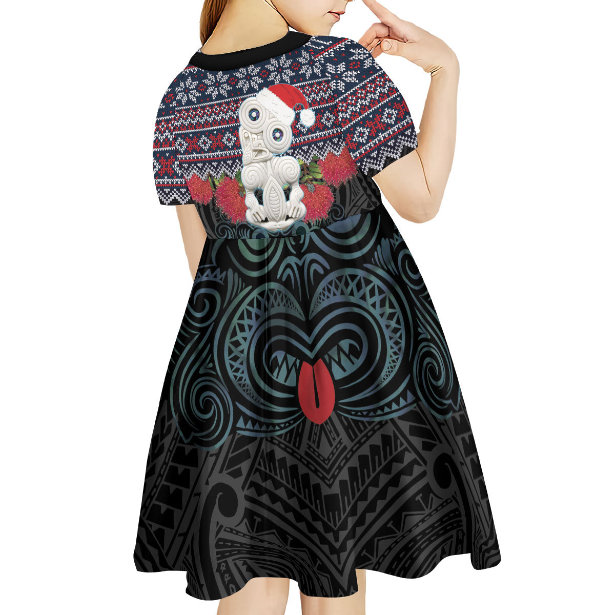 New Zealand Hei Tiki Christmas In July Kid Short Sleeve Dress Pohutukawa Santa Xmas Polynesian Pattern