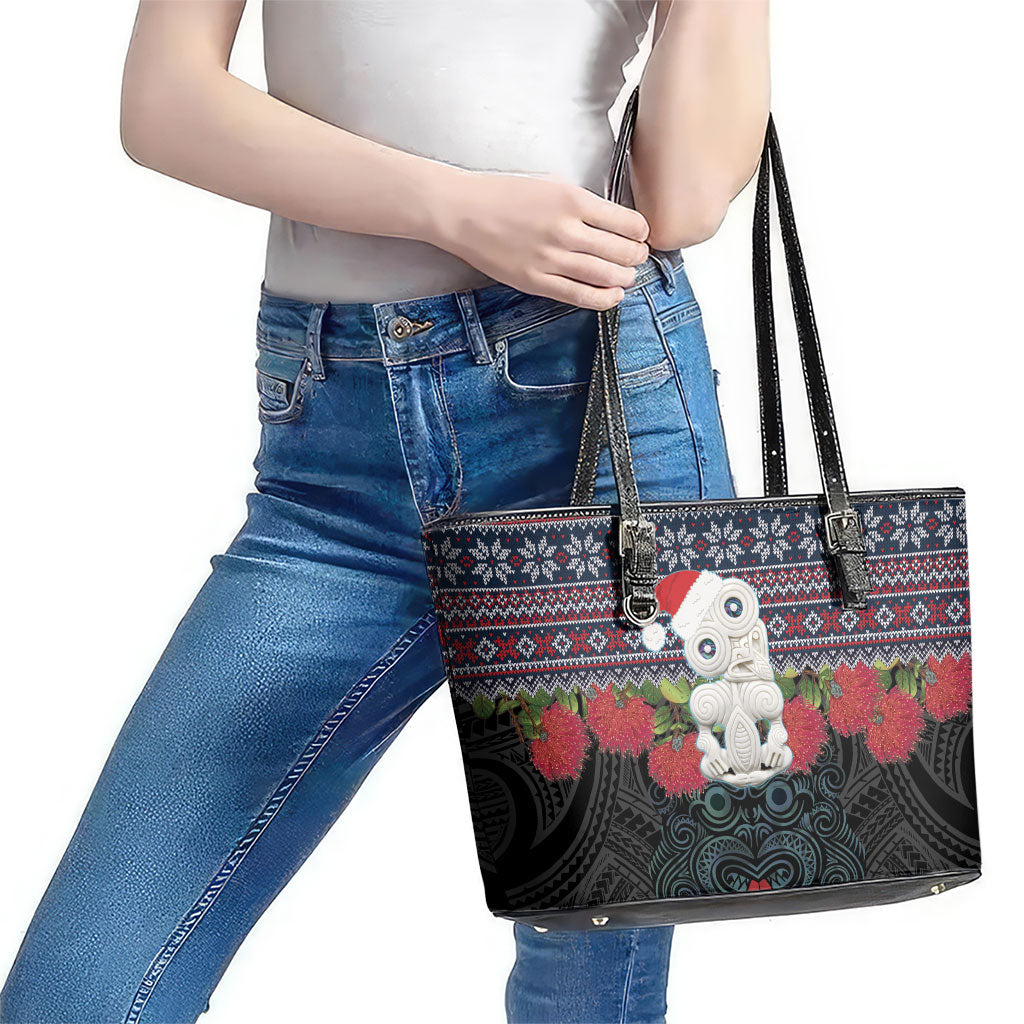 New Zealand Hei Tiki Christmas In July Leather Tote Bag Pohutukawa Santa Xmas Polynesian Pattern