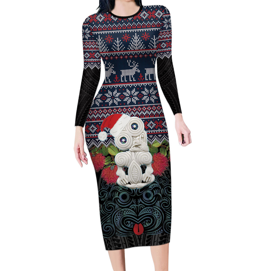 New Zealand Hei Tiki Christmas In July Long Sleeve Bodycon Dress Pohutukawa Santa Xmas Polynesian Pattern LT22 Long Dress Black - Polynesian Pride