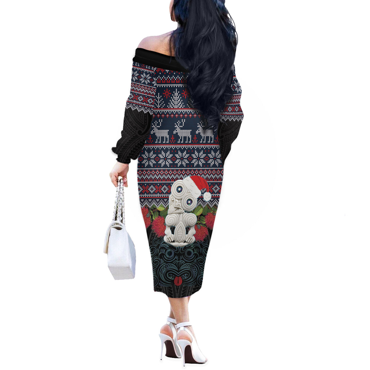 New Zealand Hei Tiki Christmas In July Off The Shoulder Long Sleeve Dress Pohutukawa Santa Xmas Polynesian Pattern