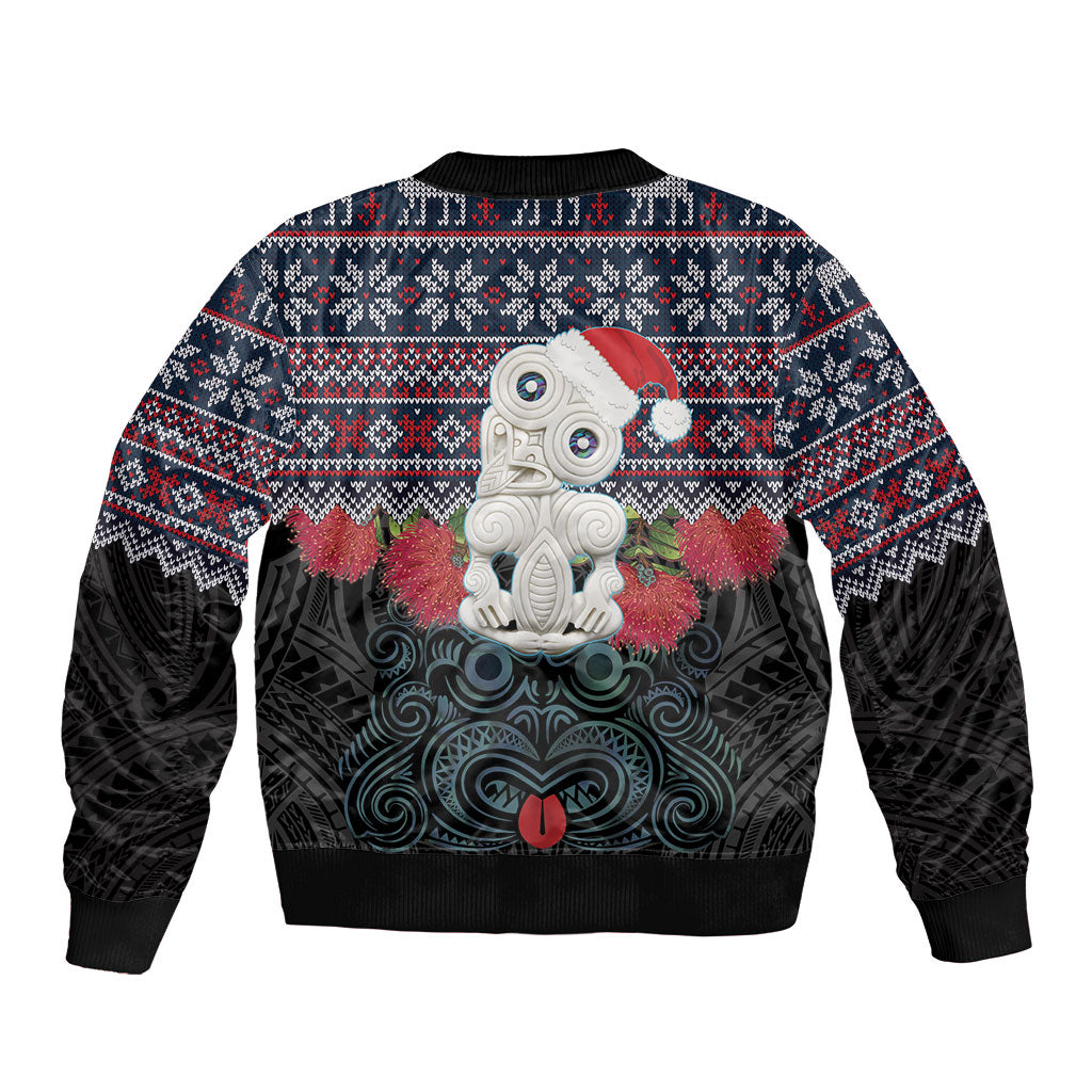 New Zealand Hei Tiki Christmas In July Sleeve Zip Bomber Jacket Pohutukawa Santa Xmas Polynesian Pattern