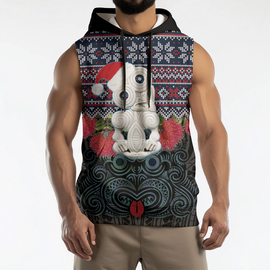 New Zealand Hei Tiki Christmas In July Sleeveless Hoodie Pohutukawa Santa Xmas Polynesian Pattern