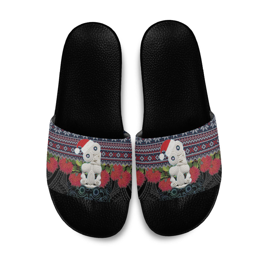 New Zealand Hei Tiki Christmas In July Slide Sandals Pohutukawa Santa Xmas Polynesian Pattern