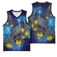 New Zealand Kokako Bird Basketball Jersey Kowhai Galaxy Style Polynesian Pattern