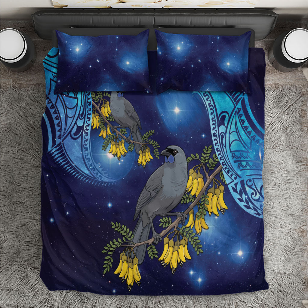 New Zealand Kokako Bird Bedding Set Kowhai Galaxy Style Polynesian Pattern