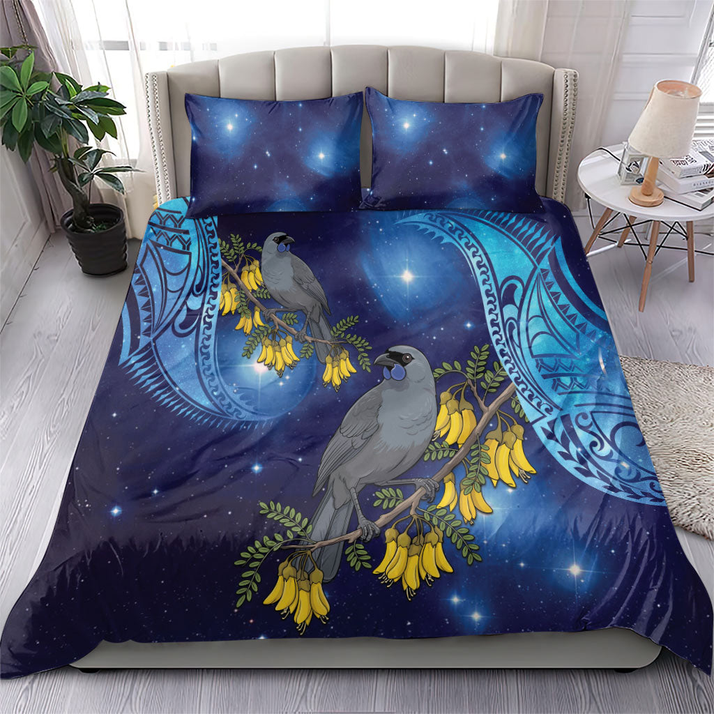 New Zealand Kokako Bird Bedding Set Kowhai Galaxy Style Polynesian Pattern